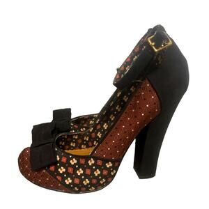 Retro suede & mixed fabric ankle strap heels